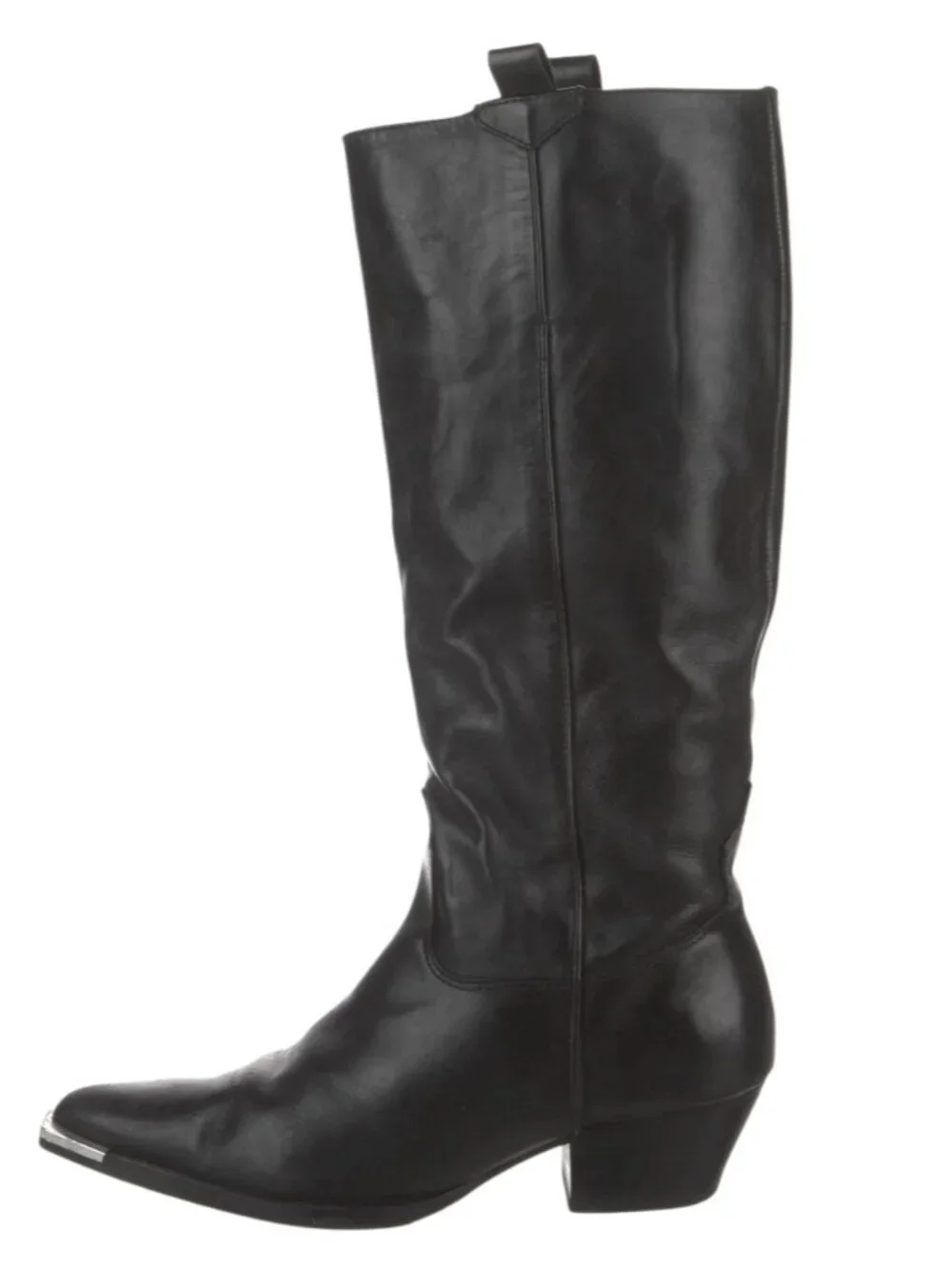Schutz Black Leather Western Knee High Boots Silver Toe Cap Cowboy Riding 8.5B